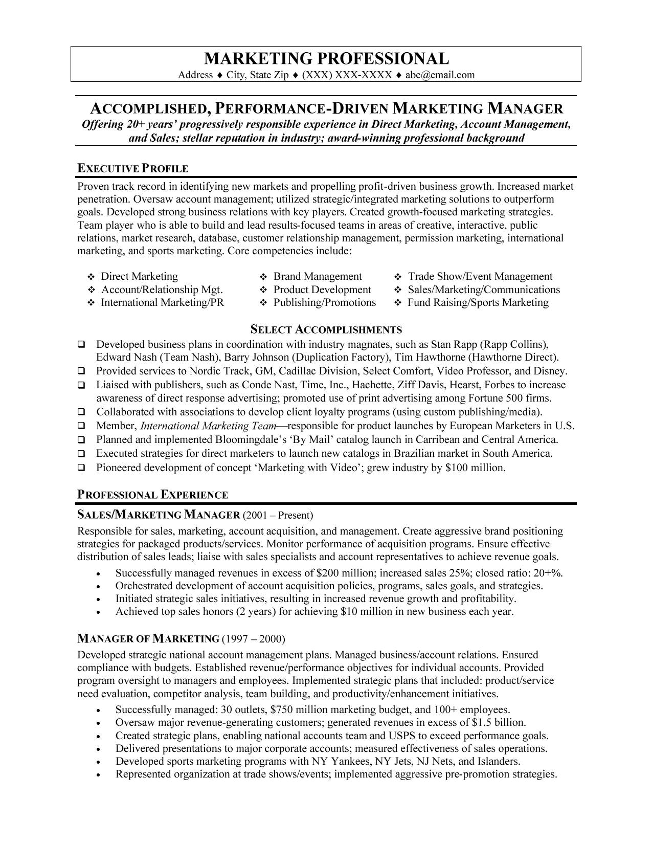 free sample resume for marketing executive